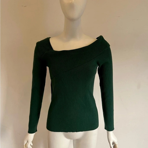 LILLUSORY Womens Rib Knit Sweaters One Shoulder Pullover Top Sweater Green Sz S - Picture 2 of 9
